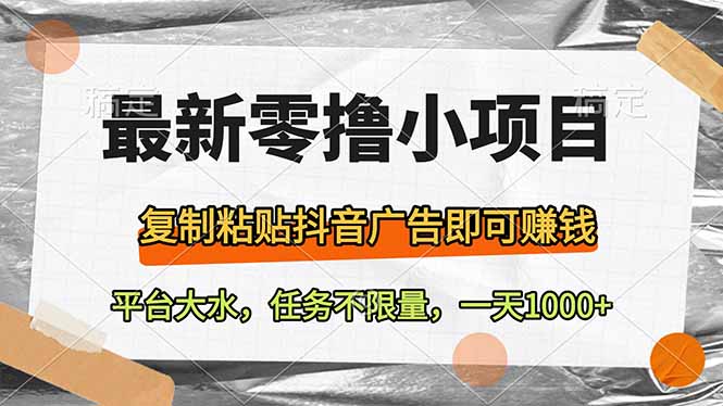 最新零撸小项目，复制粘贴抖音广告即可赚钱，平台大水，任务不限量，一…-蜜桃网创